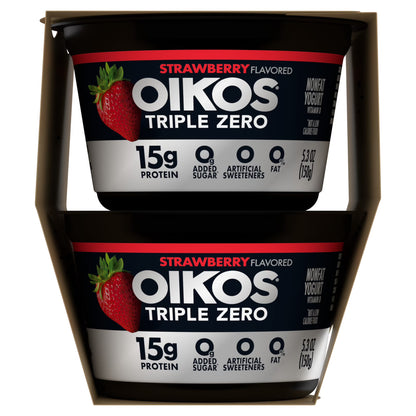 Oikos Triple Zero 15g Protein Fat Free Strawberry Greek Yogurt Cups, 5.3 oz, 4 Ct