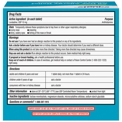 Equate Non-Drowsy All Day Allergy Relief Loratadine 10 mg Tablets Antihistamine, 120 Count (2x60 Count), Compare to ClaritinÂ 24 Hour Active Ingredient