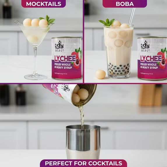 Fusion Select 2 Packs Canned Lychees in Syrup - Ready to Serve Canned Lychee Fruit - Peeled Whole in Heavy Syrup - For Bubble Tea, Boba Topping, Desserts, Garnishes, Fruit Salad - 20oz