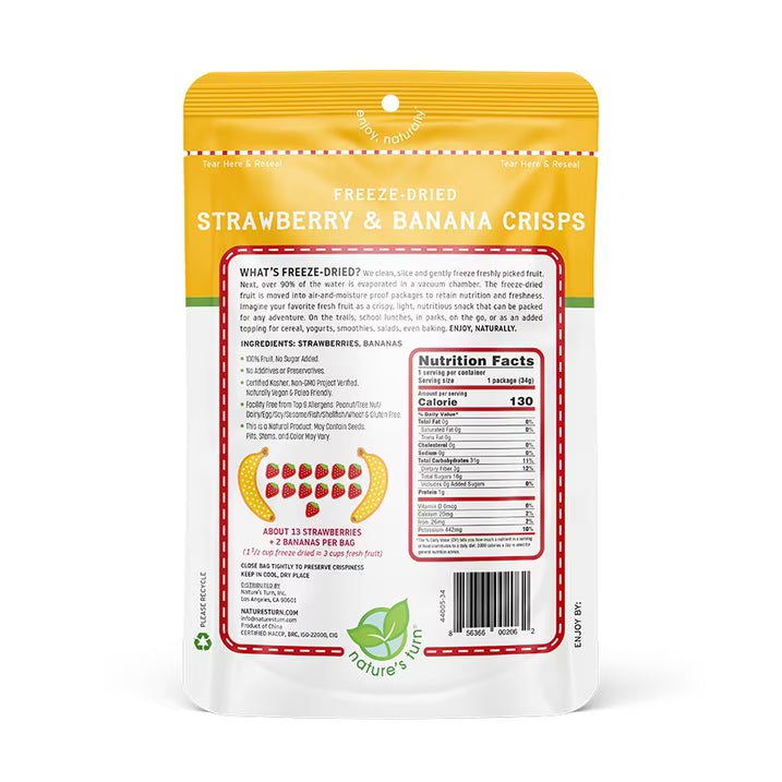 Nature’s Turn Freeze-Dried Strawberry Banana Crisps, No Added Sugar, Healthy Natural Fruit Crisp Snack for School Lunches, 6 Pack (1.2 oz Each)