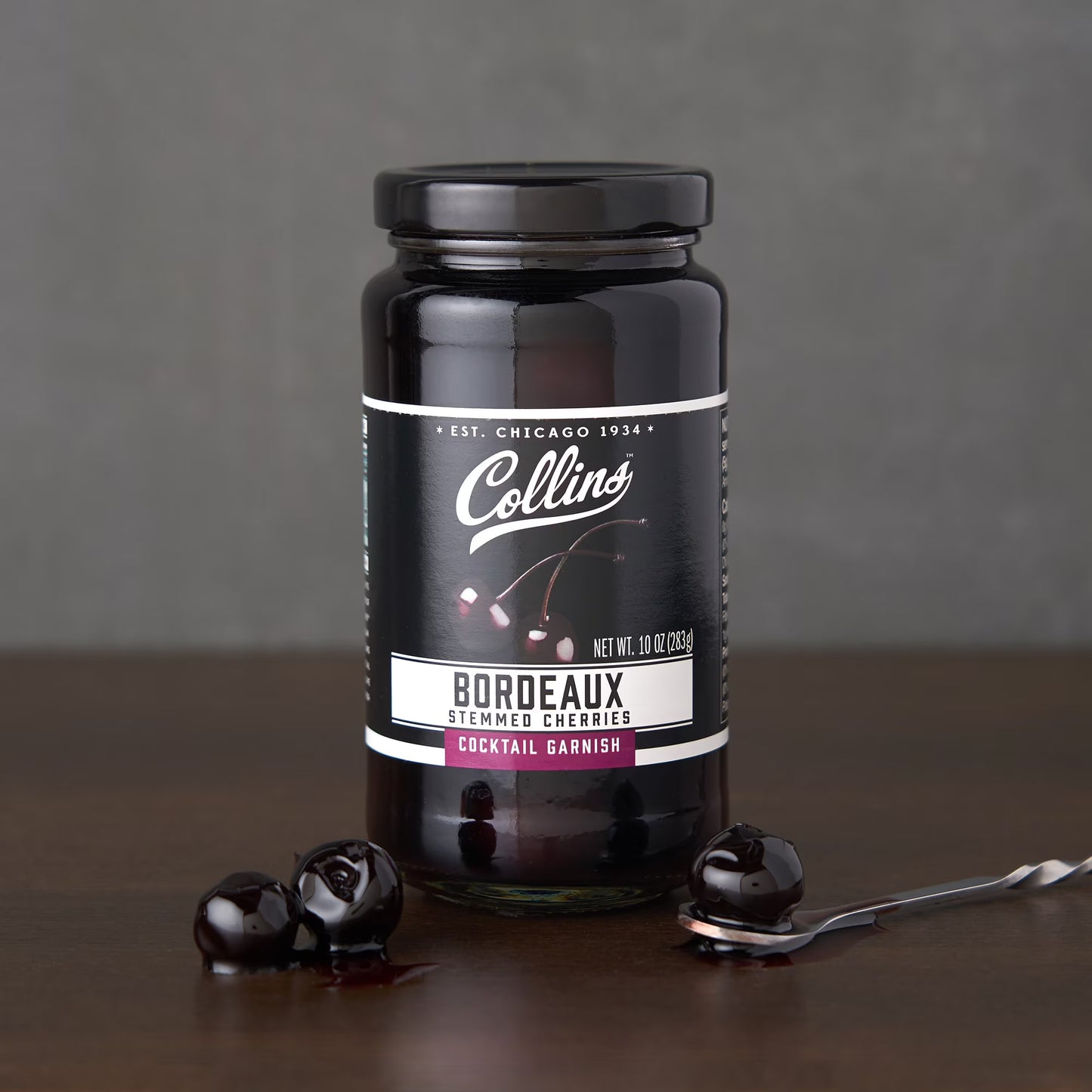 Collins Bordeaux Stemmed Cherries | Premium, Dark Cherry Garnish for Cocktails, Manhattan, and Old Fashioned, 10oz