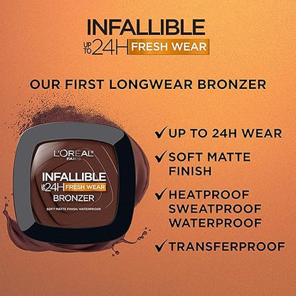 L'Oreal Paris Infallible Up to 24H Fresh Wear Soft Matte Longwear Bronzer. Waterproof, heatproof, Transfer, humidity and sweatproof, Deep Tan, 0.31 oz