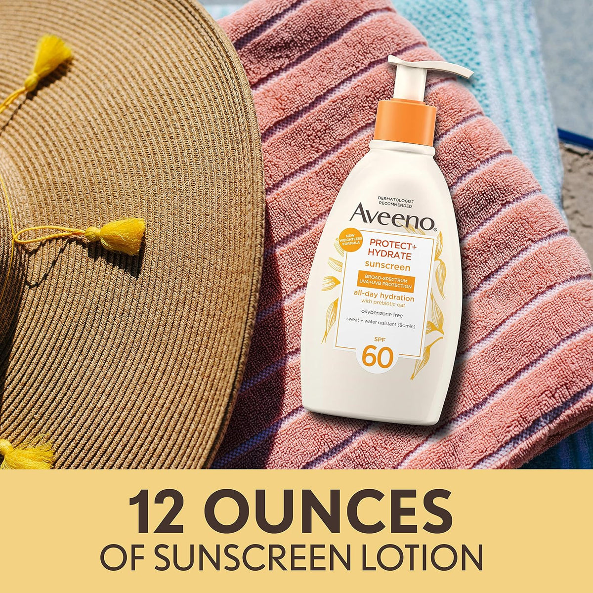Aveeno Protect + Hydrate Sunscreen Moisturizing Lotion with Prebiotic Oat,Broad Spectrum SPF60,Paraben,& Oil Free,Weightless,Water & Sweat Resistant (80-min) for Sensitive Skin,12 Fl Oz,(Pack of 2)
