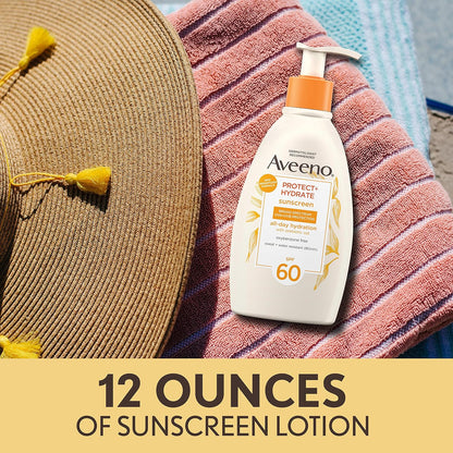 Aveeno Protect + Hydrate Sunscreen Moisturizing Lotion with Prebiotic Oat,Broad Spectrum SPF60,Paraben,& Oil Free,Weightless,Water & Sweat Resistant (80-min) for Sensitive Skin,12 Fl Oz,(Pack of 2)