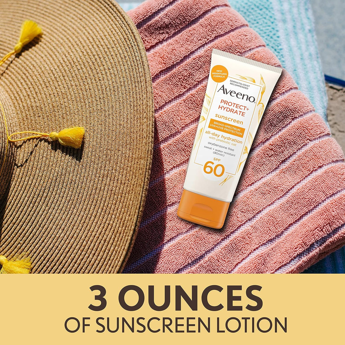 Aveeno Protect + Hydrate Sunscreen Lotion for Body & Face -Prebiotic Oat, SPF 60 Broad Spectrum Sunscreen,Paraben & Oil Free, Water & Sweat Resistant (80 min) for Sensitive Skin, 3 Fl Oz (Pack of 12)