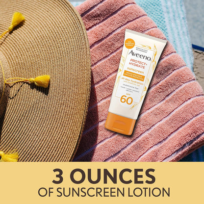 Aveeno Protect + Hydrate Sunscreen Lotion for Body & Face -Prebiotic Oat, SPF 60 Broad Spectrum Sunscreen,Paraben & Oil Free, Water & Sweat Resistant (80 min) for Sensitive Skin, 3 Fl Oz (Pack of 12)