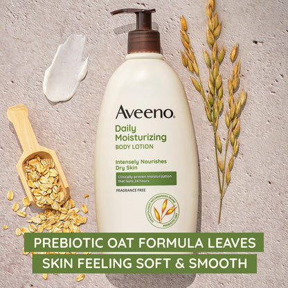 Aveeno Daily Moisturizing Body Lotion with Soothing Prebiotic Oat, Gentle Lotion Nourishes Dry Skin With Moisture, Paraben-, Dye- & Fragrance-Free, Non-Greasy & Non-Comedogenic, 12 fl. Oz (Pack of 2)