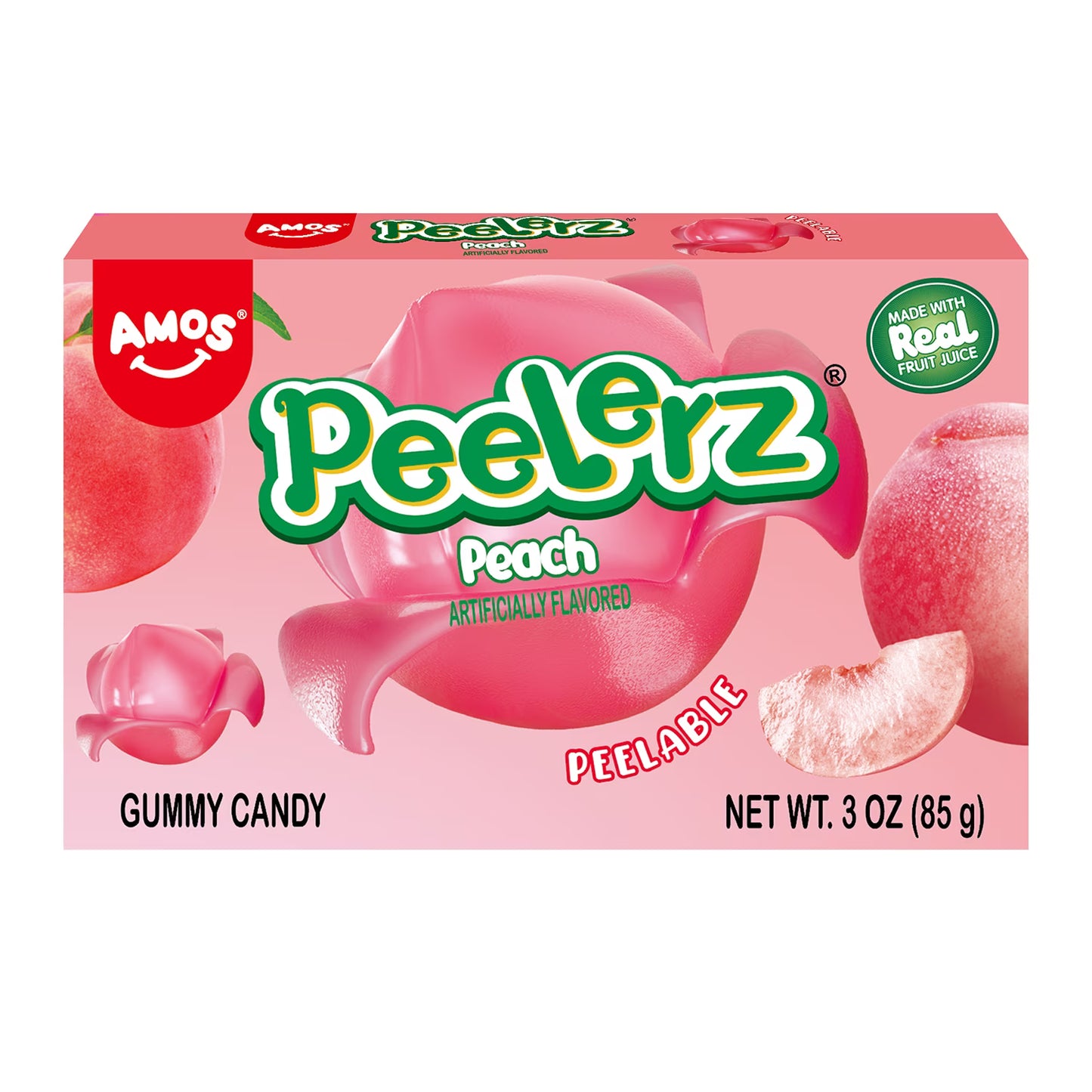 AMOS Peelerz Peach Theatre Box Gummy Candy, Gluten, Milk and Nut Free, 1 Count, 3 Oz