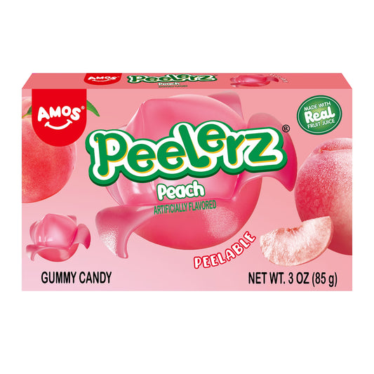 AMOS Peelerz Peach Theatre Box Gummy Candy, Gluten, Milk and Nut Free, 1 Count, 3 Oz