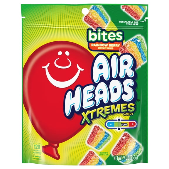 (3 pack) Airheads Xtremes Bites Peanut-Free Rainbow Berry Chewy Sour Candy, 9 oz Resealable Bag