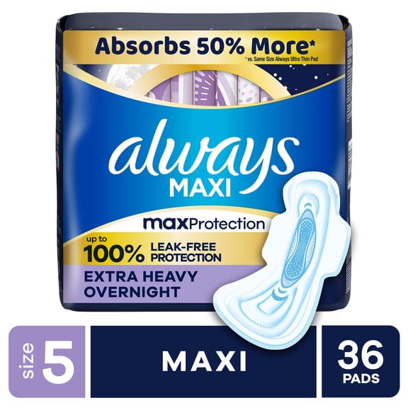 (2 pack) Always Maxi Pads with Wings, Size 5, Extra Heavy Overnight, 36 Count