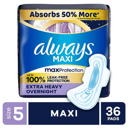 (2 pack) Always Maxi Pads with Wings, Size 5, Extra Heavy Overnight, 36 Count