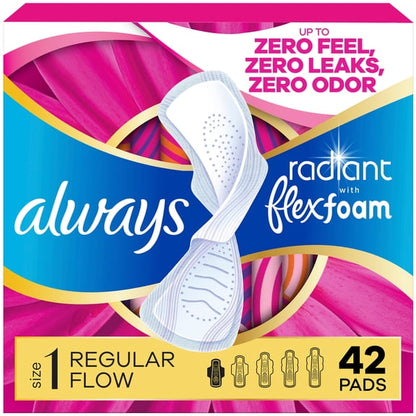 (3 pack) Always Radiant with FlexFoam Pads, Size 1, Regular, Wings, 42 Count
