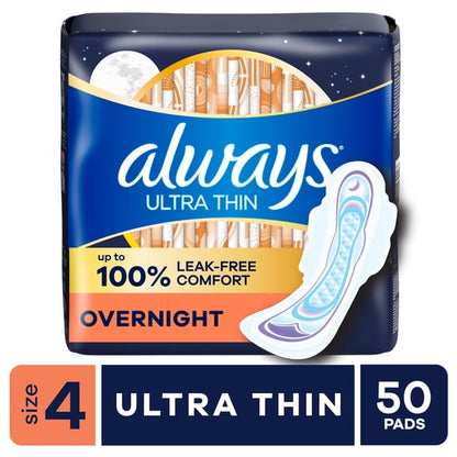 (3 pack) Always Ultra Thin Overnight Pads with Wings, Size 4, Overnight, 50 Count