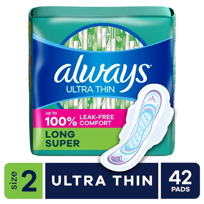 (3 pack) Always Ultra Thin Pads with Wings, Size 2, Long Super Absorbency, 42 Count