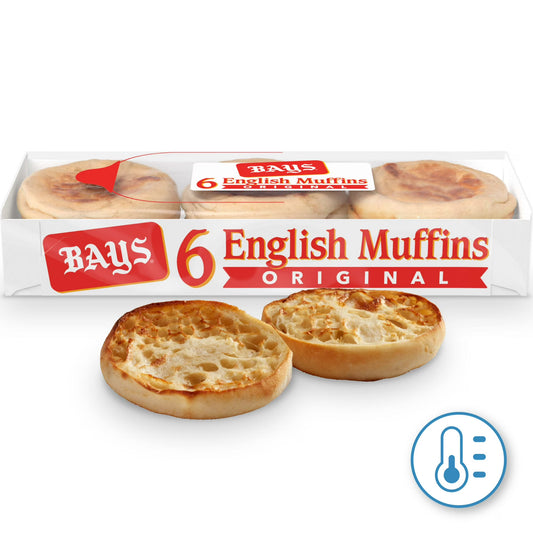 Bays Original English Muffins, 6 count, Kosher Plain Pre-sliced English Muffins, 12 oz Tray