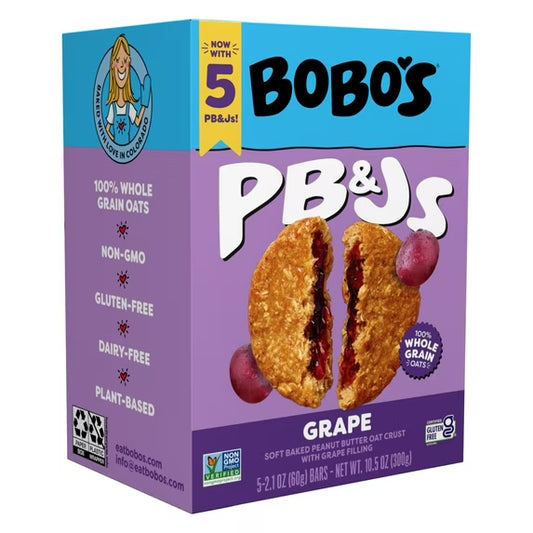 Bobo's PB&Js, Peanut Butter Oat Crust With Grape Filling, 5 Pack of 2.1oz oat snacks