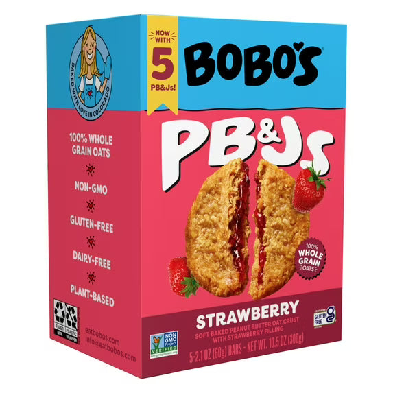 Bobo's PB&Js, Peanut Butter Oat Crust With Strawberry Filling, 5 Pack of 2.1oz oat snacks