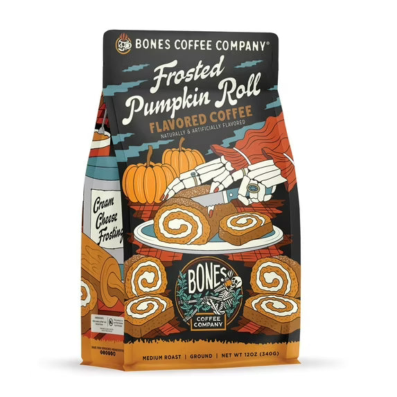 Bones Coffee Medium Roast Pumpkin Flavored Ground Coffee | 12 oz Frosted Pumpkin Roll Ground Coffee