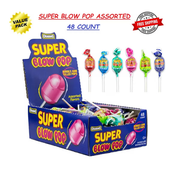 CHARMS SUPER Blow Pop, Assorted Flavors, Bubble Gum Filled Lollipops (48 Count)