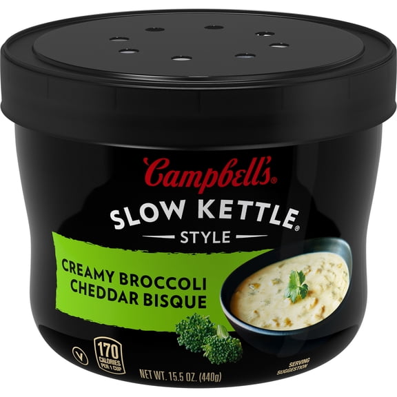 (2 pack) Campbell's Slow Kettle Style Creamy Broccoli Cheddar Bisque, 15.5 oz Microwavable Bowl