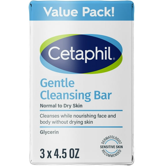 (3 pack) Cetaphil Gentle Face Cleanser and Body Wash Bar for Dry to Normal, Sensitive Skin Value Pack, 4.5 oz (Pack of 3)