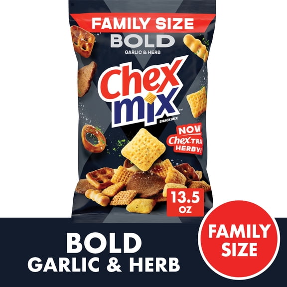 (4 pack) Chex Mix Bold Garlic and Herb Snack Mix, Family Size, Snacks, 13.5 oz
