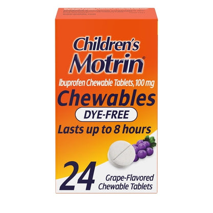 (3 pack) Children's Motrin Dye-Free Ibuprofen Chewable Tablets, Grape, 24 Ct