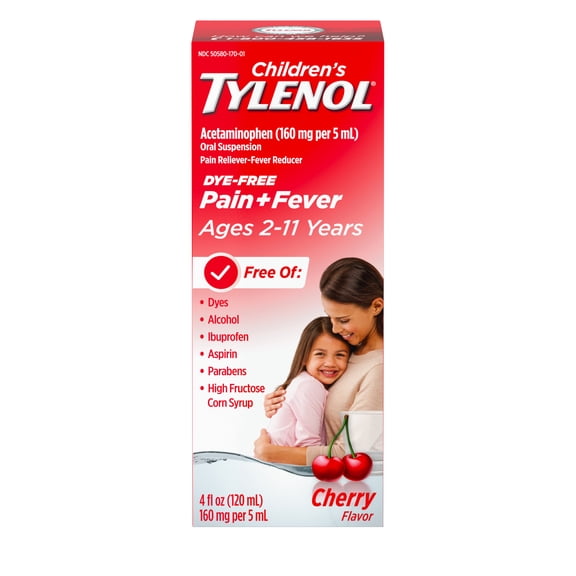 Children’s Tylenol Dye-Free, Oral Suspension, Pain Relief and Fever Reducer, Cherry Flavor 4 Fl oz
