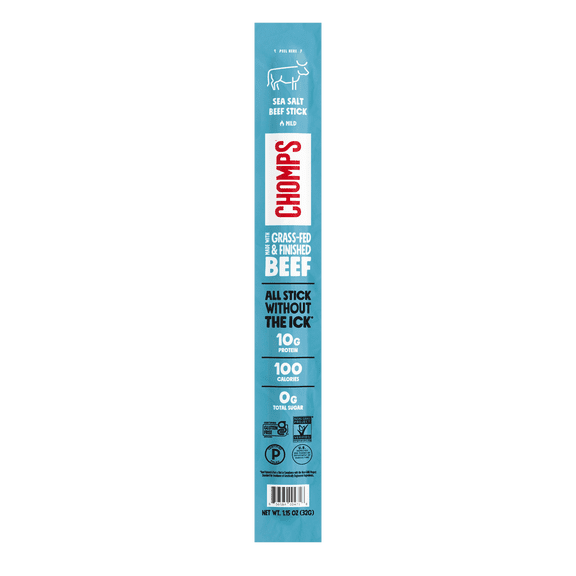 (4 pack) Chomps Grass-Fed and Finished Sea Salt Beef Jerky Meat Snack, 1.15oz Stick