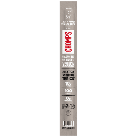 (10 pack) Chomps Grass-Fed and Finished Sea Salt & Pepper Venison Jerky Meat Snack, 1.15oz Stick