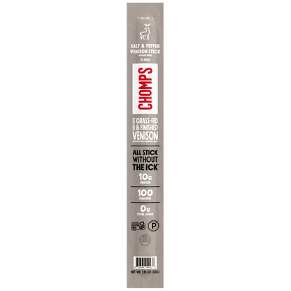 (10 pack) Chomps Grass-Fed and Finished Sea Salt & Pepper Venison Jerky Meat Snack, 1.15oz Stick