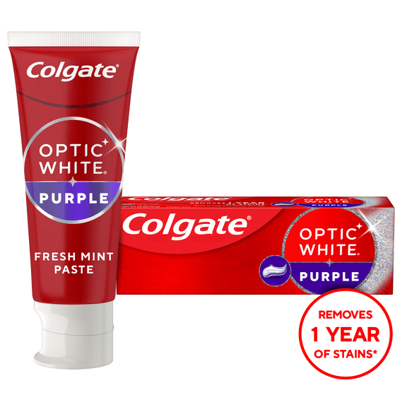 (3 pack) Colgate Optic White Purple Teeth Whitening Toothpaste with Fluoride, Fresh Mint Flavor, 3.8 oz