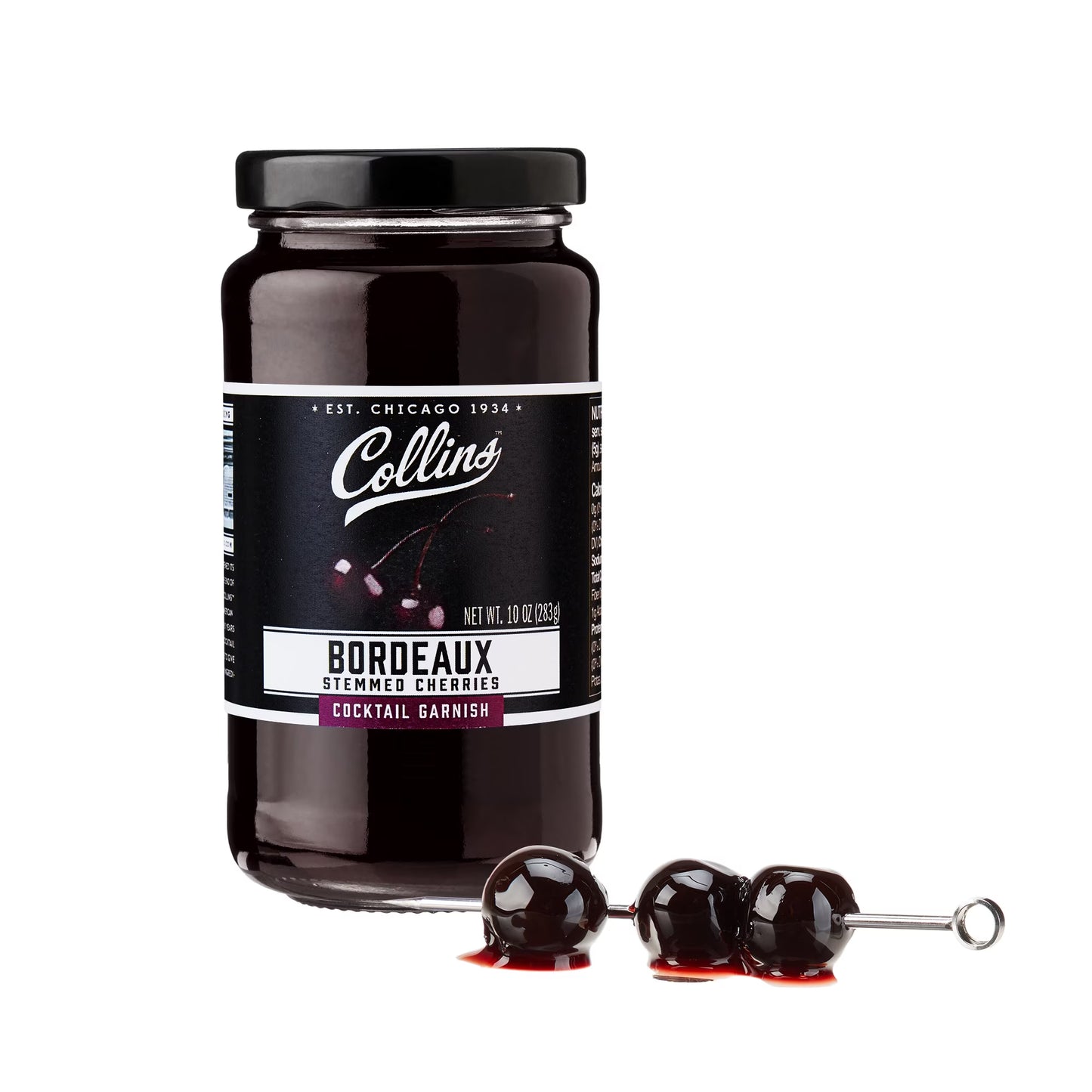 Collins Bordeaux Stemmed Cherries | Premium, Dark Cherry Garnish for Cocktails, Manhattan, and Old Fashioned, 10oz