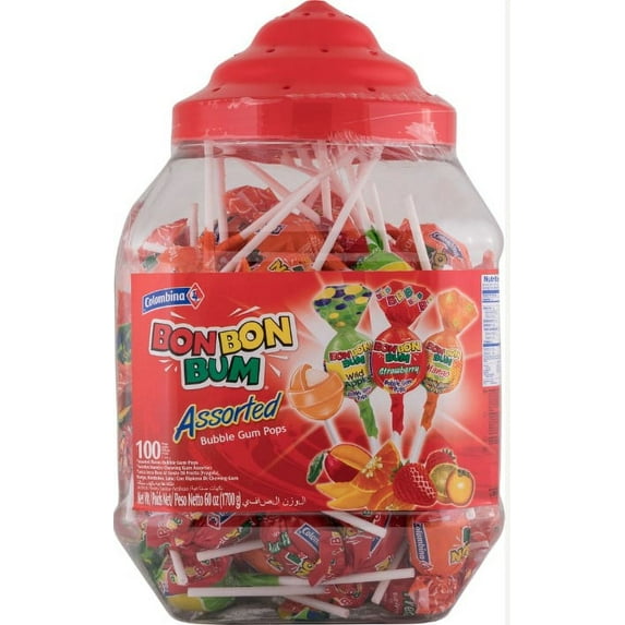 Colombina Bon Bon Bum Assorted Pops, 100 Count Jar