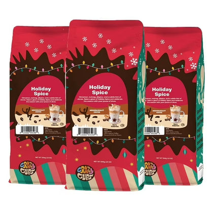 Crazy Cups Flavored Ground Holiday Coffee, Holiday Spice Coffee in 10 oz Bag, For Brewing Flavored Hot or Iced Coffee, 3 pack
