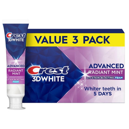 (2 pack) Crest 3DWhite Advanced Whitening Toothpaste, Radiant Mint, 3.3 oz, 3 Pack