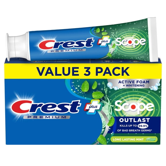 (4 pack) Crest Toothpaste, Premium Plus Scope Outlast Fluoride Toothpaste, Mint, 5.2 oz, 3 pack