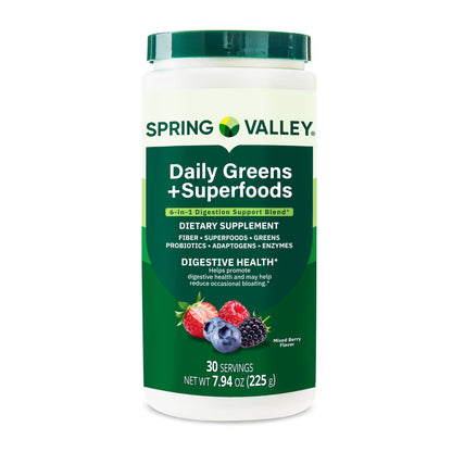 Spring Valley Daily Greens + Super Foods Digestive Health Dietary Supplement, Mixed Berry Flavor, 30 Servings, 7.94 oz