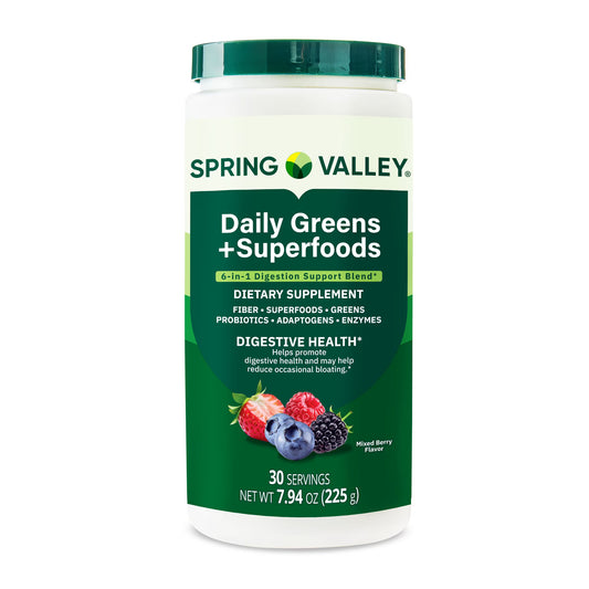 Spring Valley Daily Greens + Super Foods Digestive Health Dietary Supplement, Mixed Berry Flavor, 30 Servings, 7.94 oz