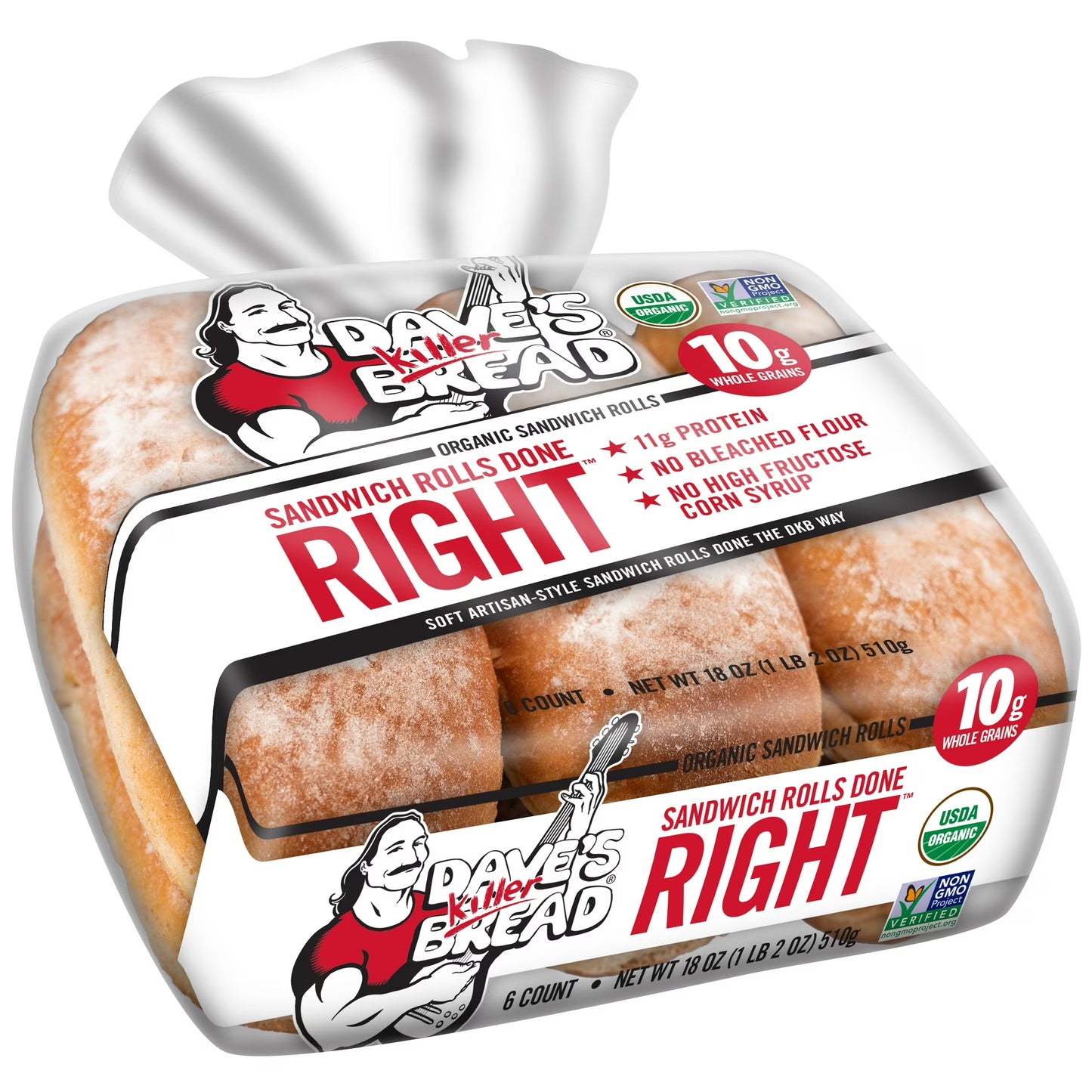 Dave's Killer, Bread Sandwich Rolls Done Right, Organic White Bread Sandwich Rolls, 6 Count