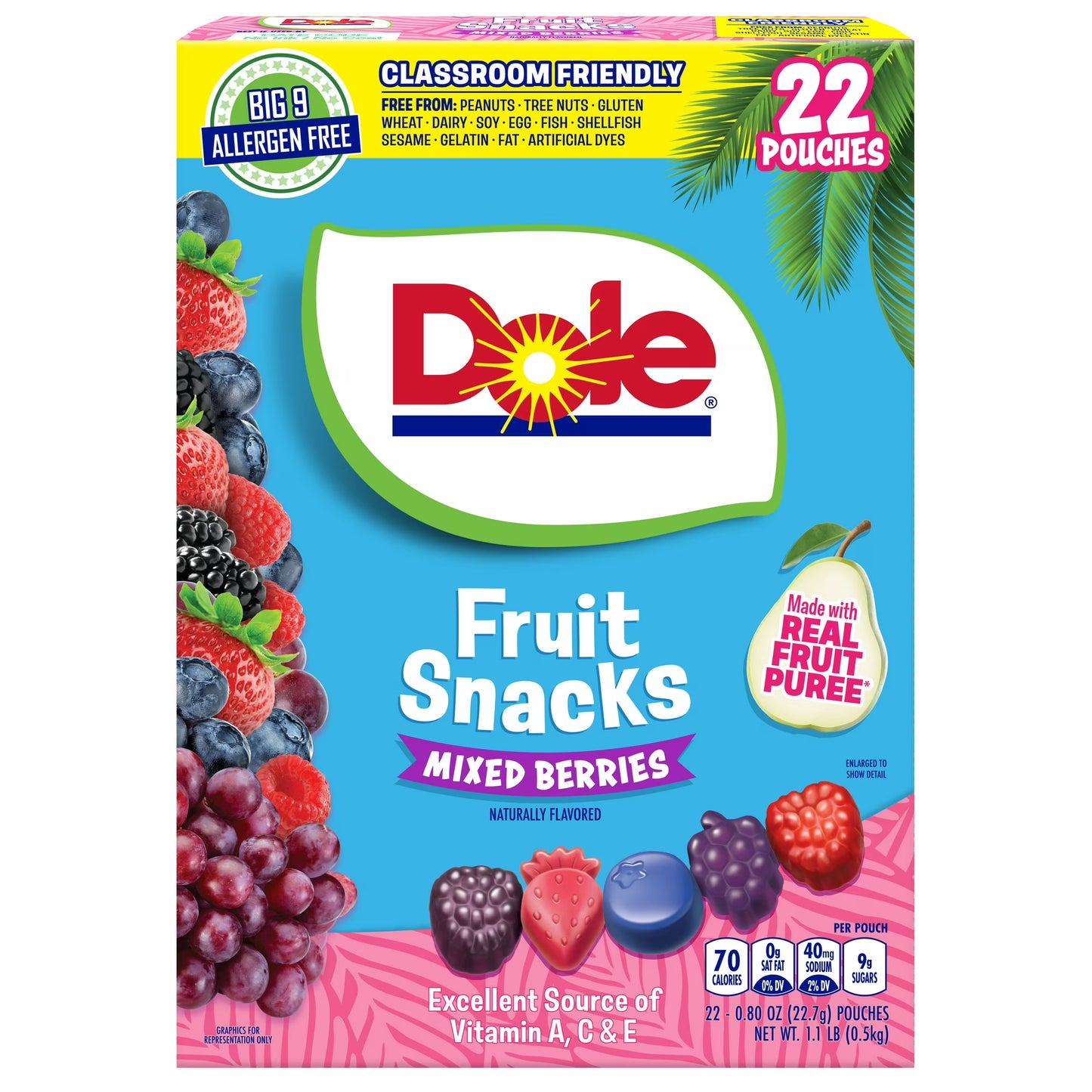 Dole Fruit Snacks, Mixed Berries Flavored, Big 9 Allergen Free, Dye Free, Gluten Free, Gelatin Free, Lunch Snacks 22 Count