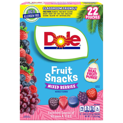 Dole Fruit Snacks, Mixed Berries Flavored, Big 9 Allergen Free, Dye Free, Gluten Free, Gelatin Free, Lunch Snacks 22 Count