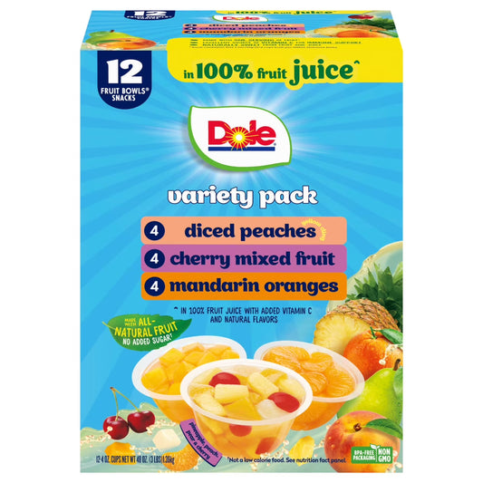 Dole Fruit Bowls Peaches, Mandarin Oranges, Cherry Mixed Fruit in 100% Fruit Juice, 4 oz (12 Pack)