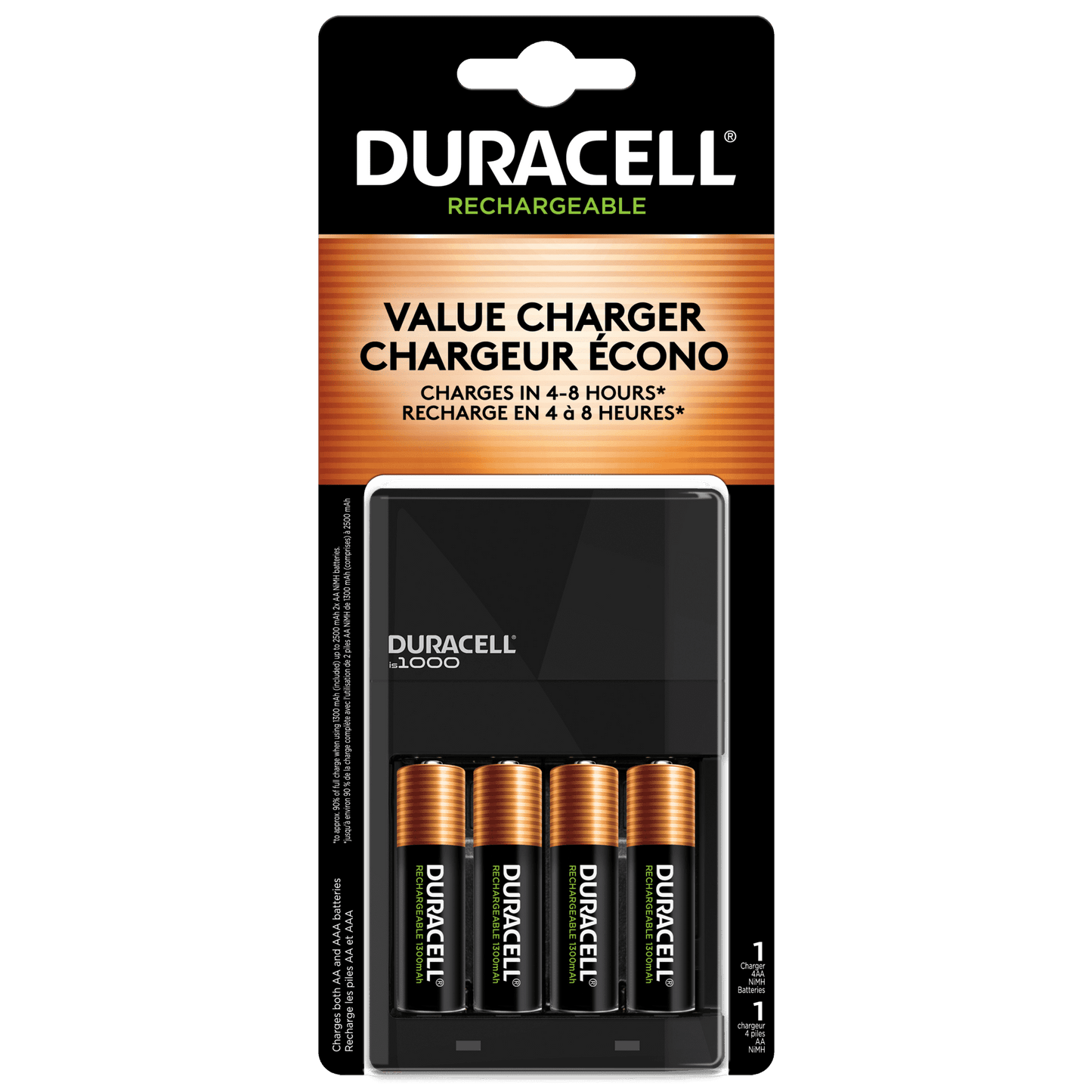 Duracell ION SPEED 1000 Rechargeable Battery Charger, Includes 4 AA NiMH Batteries, Multicolor