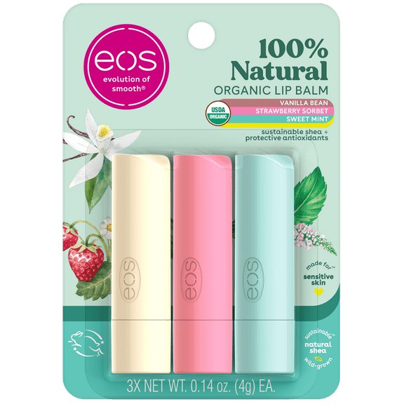 (6 pack) eos 100% Natural & Organic Lip Balm- Strawberry, Mint, Vanilla - 0.14 oz, 3 pack