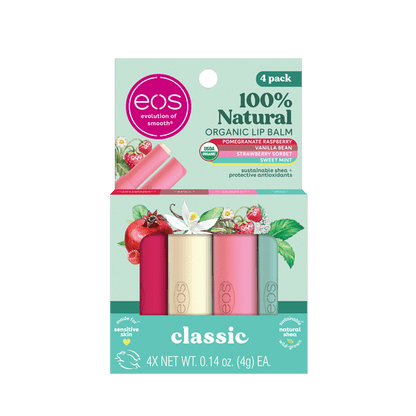 (2 pack) eos 100% Natural & Organic Lip Balm- Strawberry, Mint, Pomegranate, Vanilla, 0.14 oz, 4 Pack