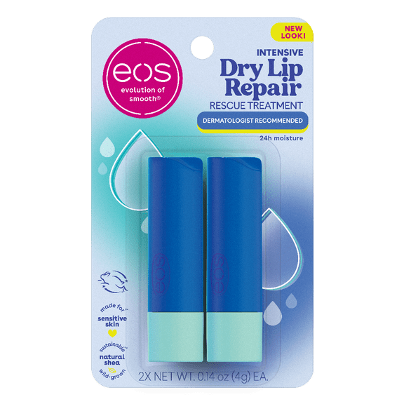Eos The Hero Extra Dry Lip Treatment and Repair, Hypoallergenic, Strawberry Scent, 0.14oz/2pk