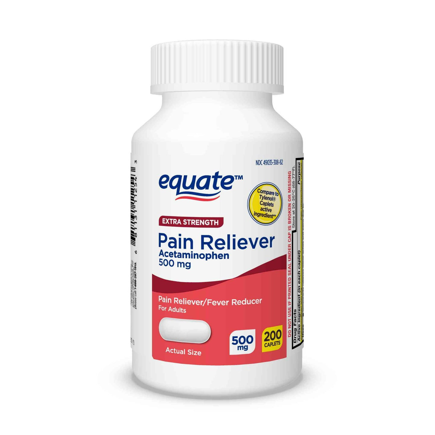 Equate Extra Strength Pain Reliever Acetaminophen 500mg Caplets, Fever Reducer, 200 Count, Compare to Tylenol Extra Strength Active Ingredient