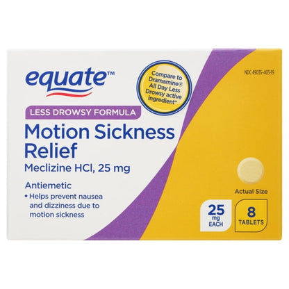 ( 6 pack ) Equate Less Drowsy Formula Motion Sickness Relief Meclizine HCI Tablets, 25mg, 8 Count, Compare to Dramamine All Day Less Drowsy Active Ingredients